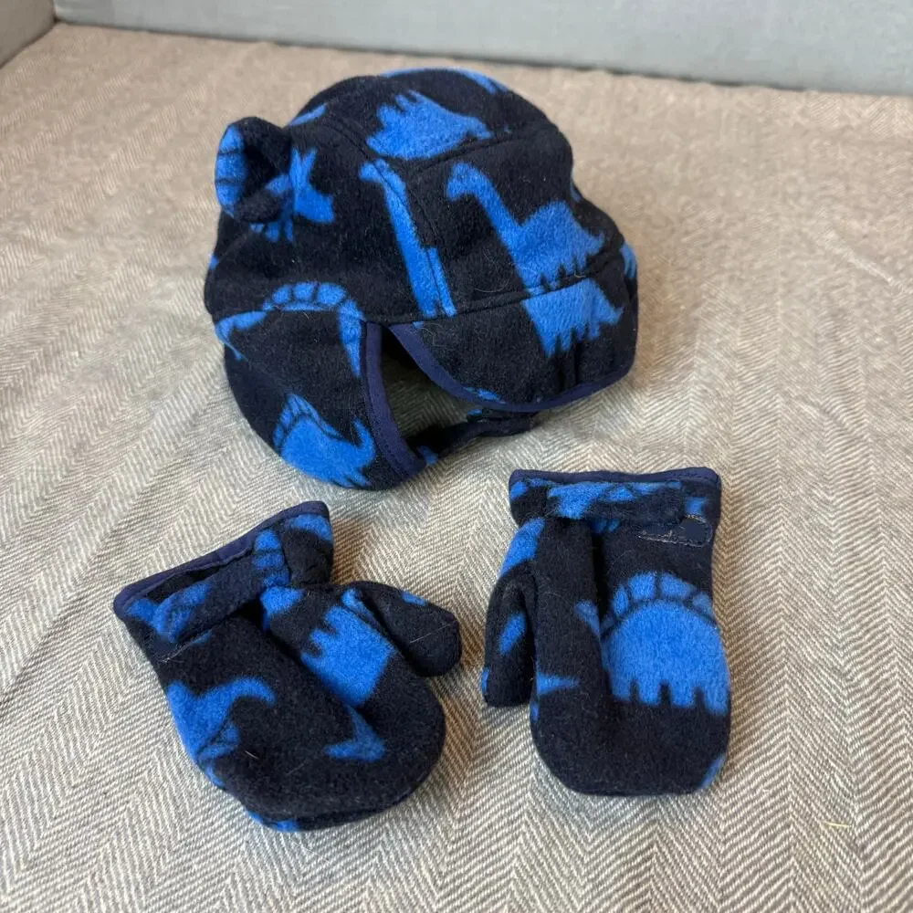 Baby Gap Blue Dinosaur Fleece Trapper Hat Mittens Set Ears Winter 6-12 Months